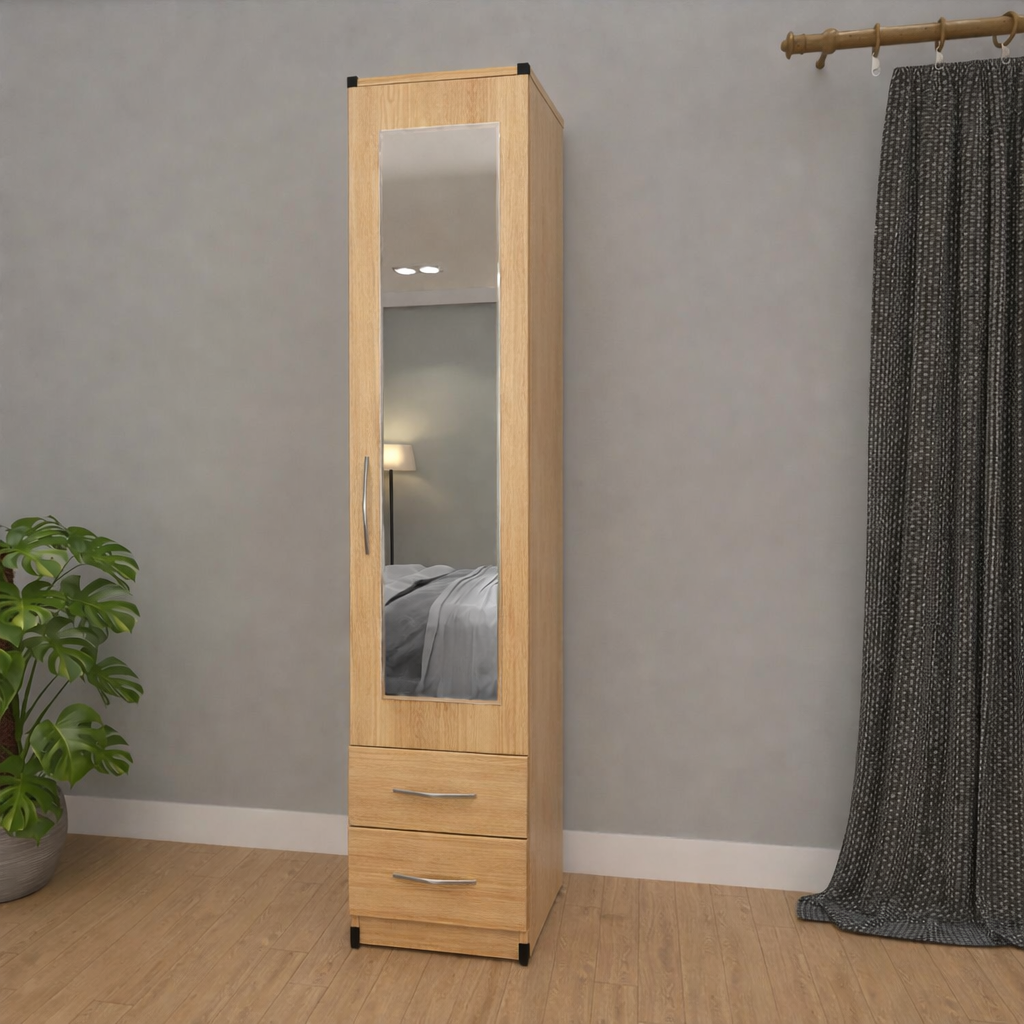Slim Oak 1 door mirrored wardrobe with 2 storage drawers for compact bedrooms