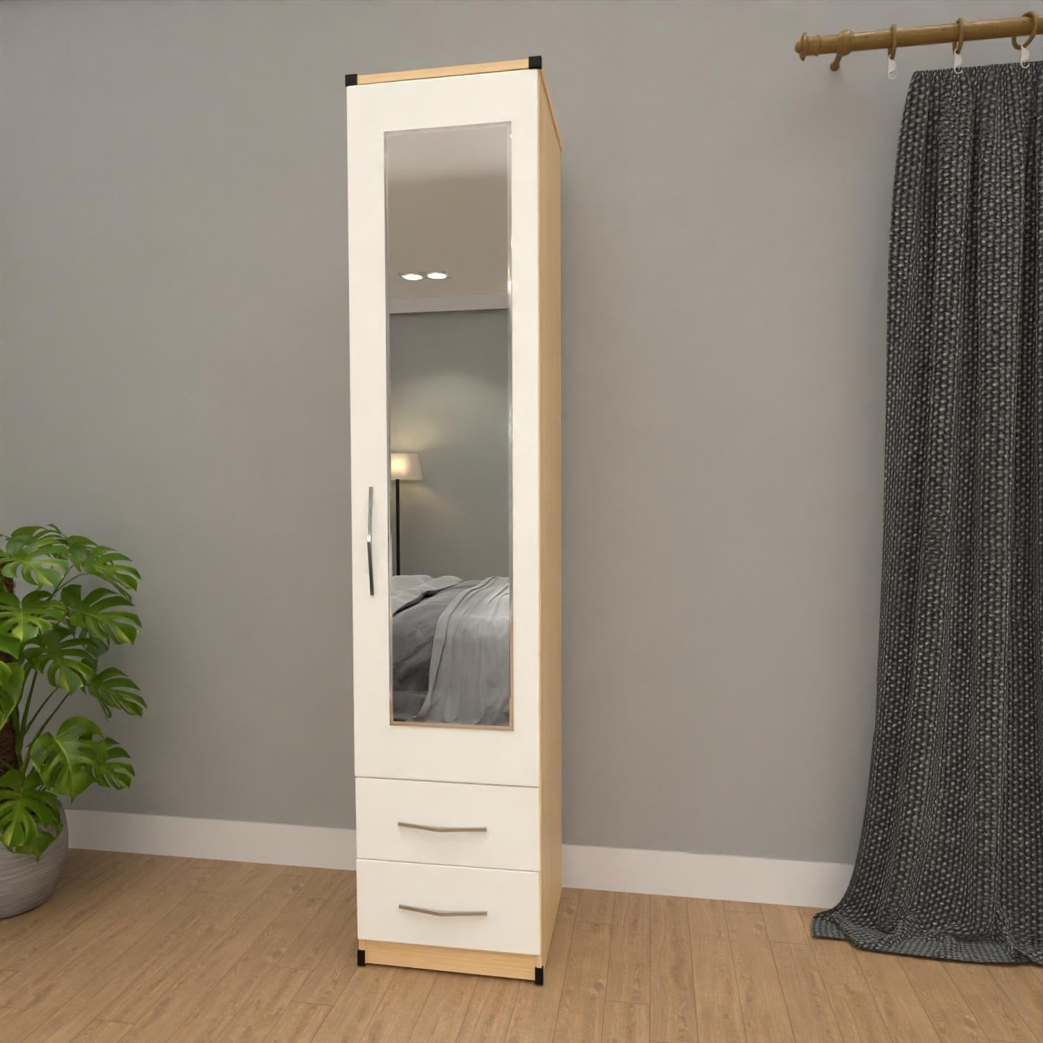 Slim Oak  & white 1 door mirrored wardrobe with 2 storage drawers for compact bedrooms