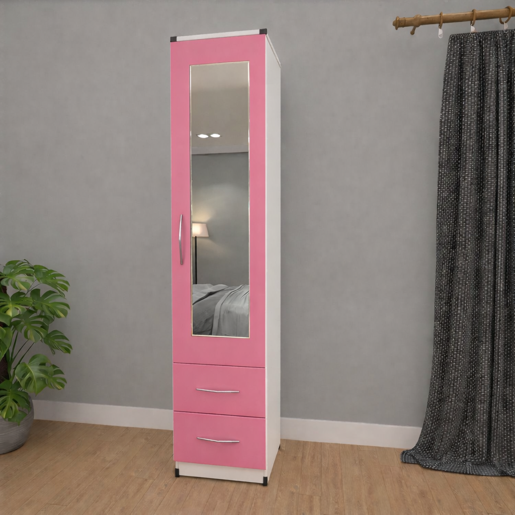 Slim Pink & white 1 door mirrored wardrobe with 2 storage drawers for compact bedrooms