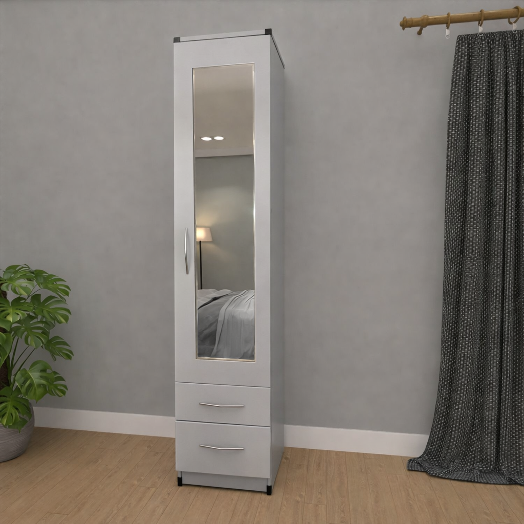 Slim Silver 1 door mirrored wardrobe with 2 storage drawers for compact bedrooms