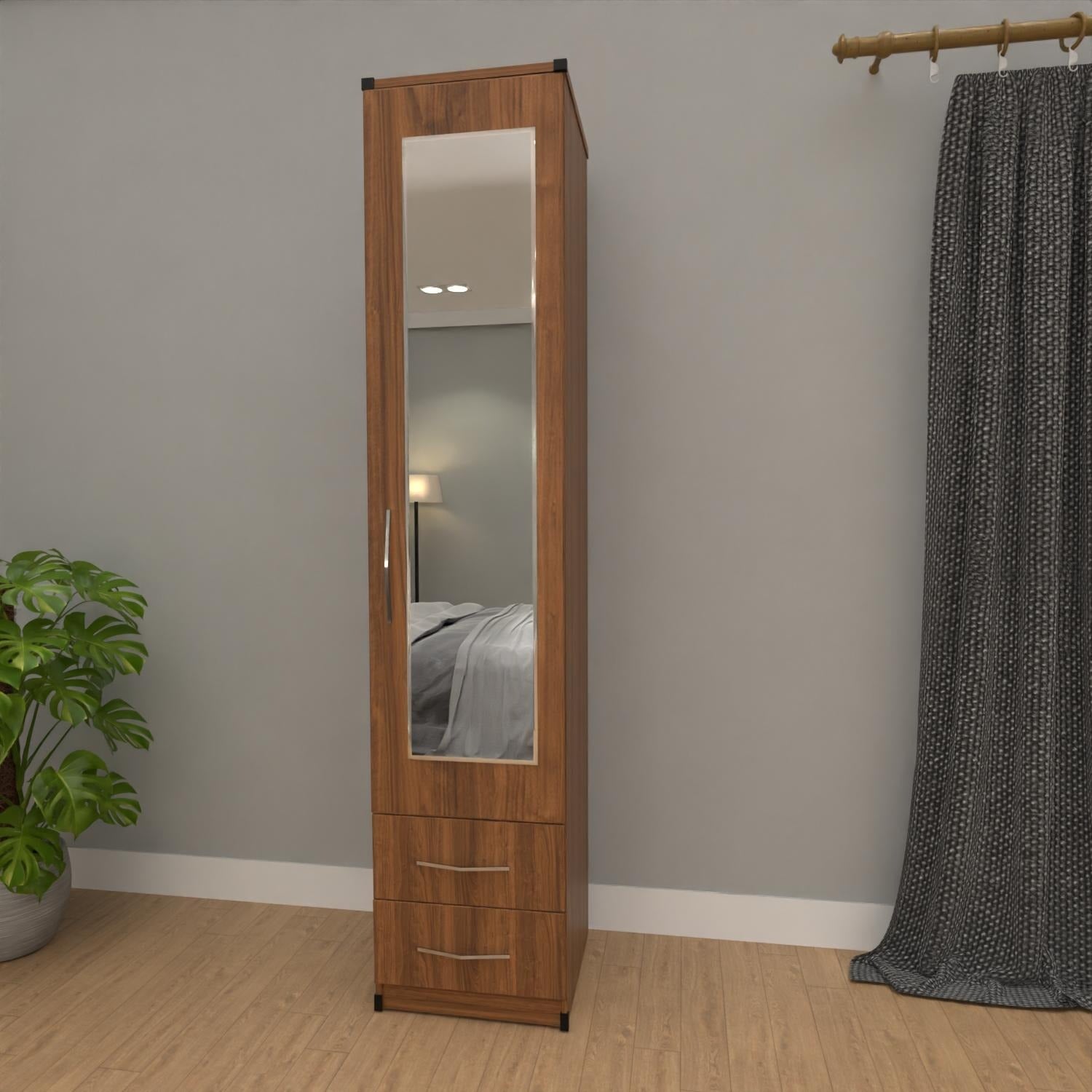 Slim Walnut 1 door mirrored wardrobe with 2 storage drawers for compact bedrooms
