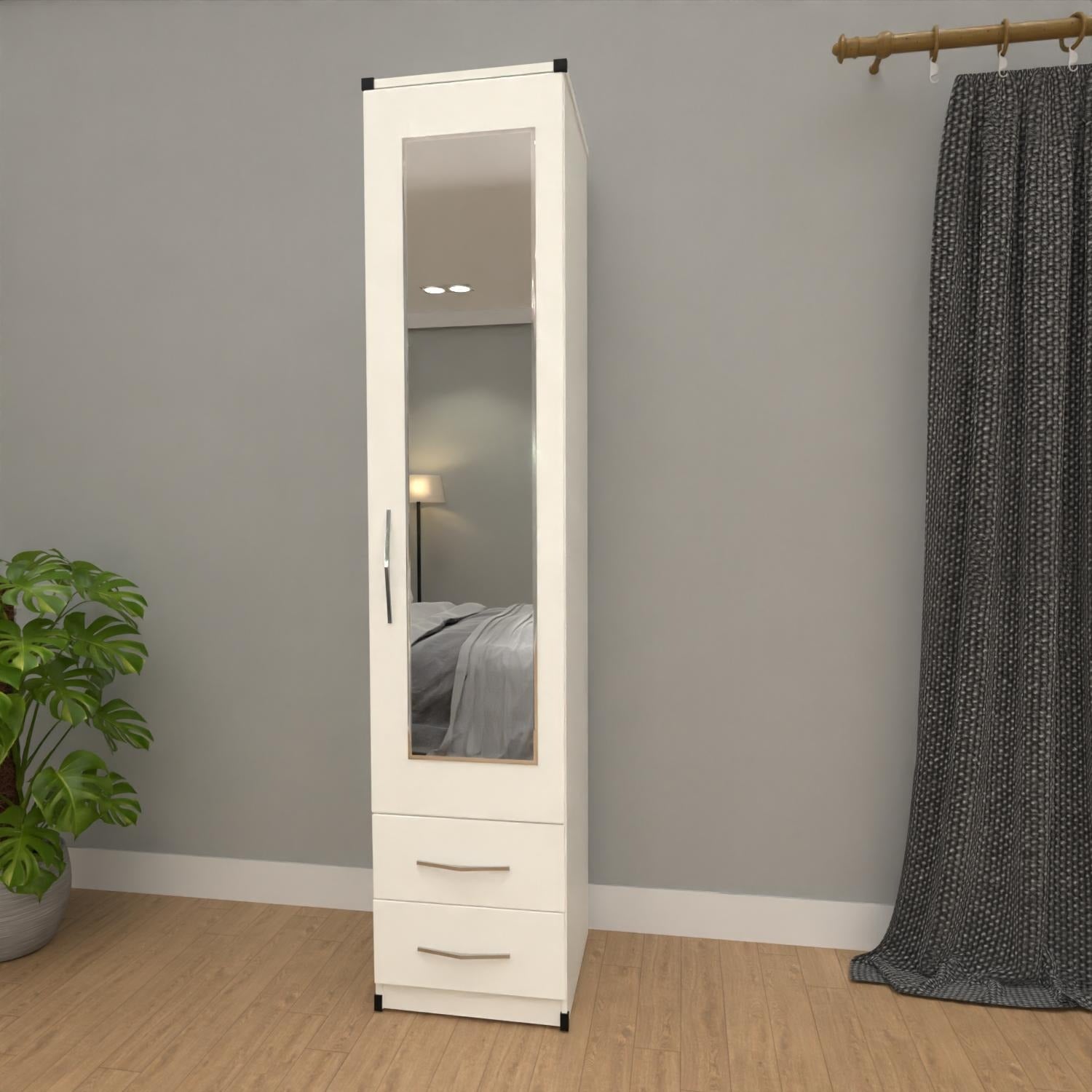 Slim white 1 door mirrored wardrobe with 2 storage drawers for compact bedrooms