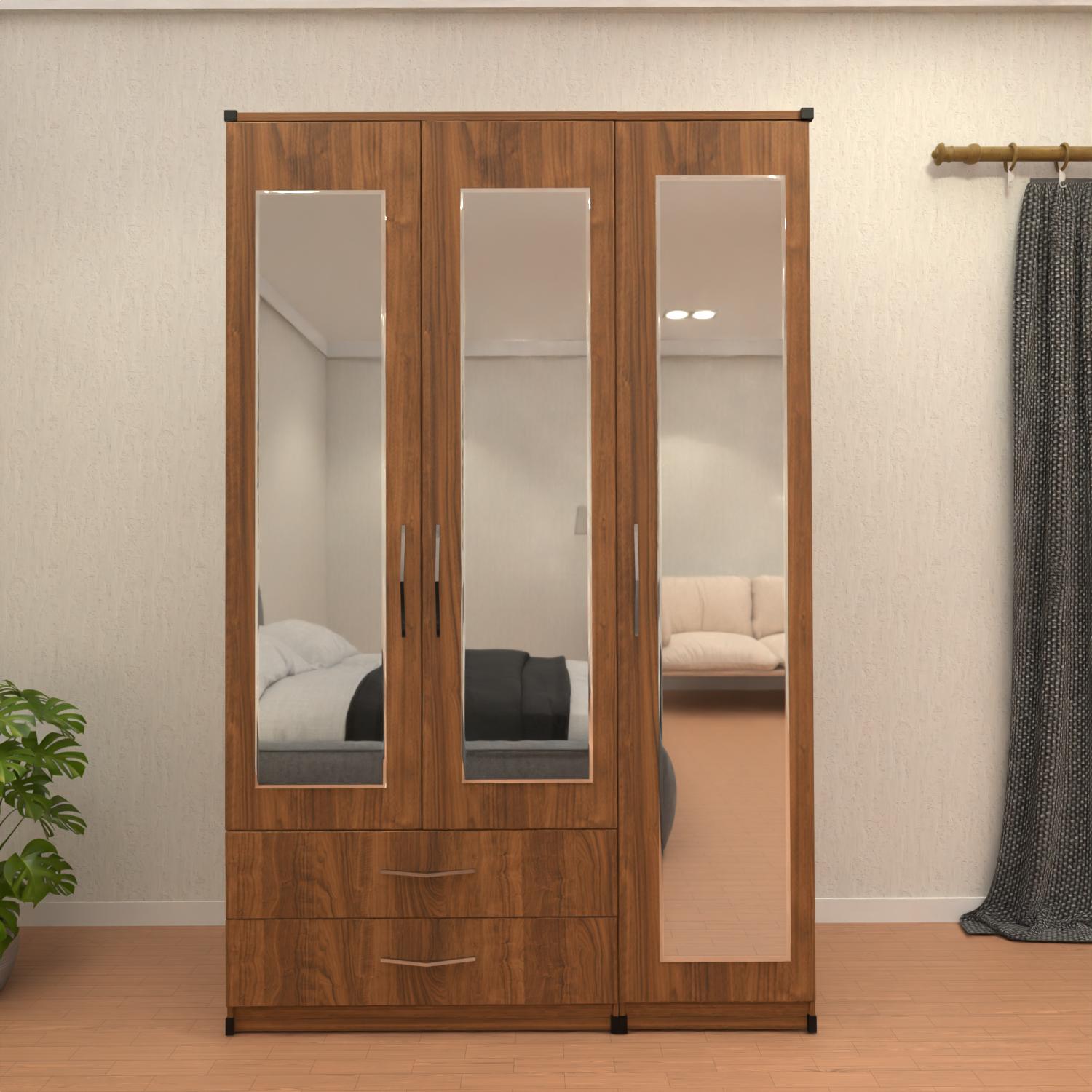 Walnut 3 door mirrored wardrobe with storage drawers