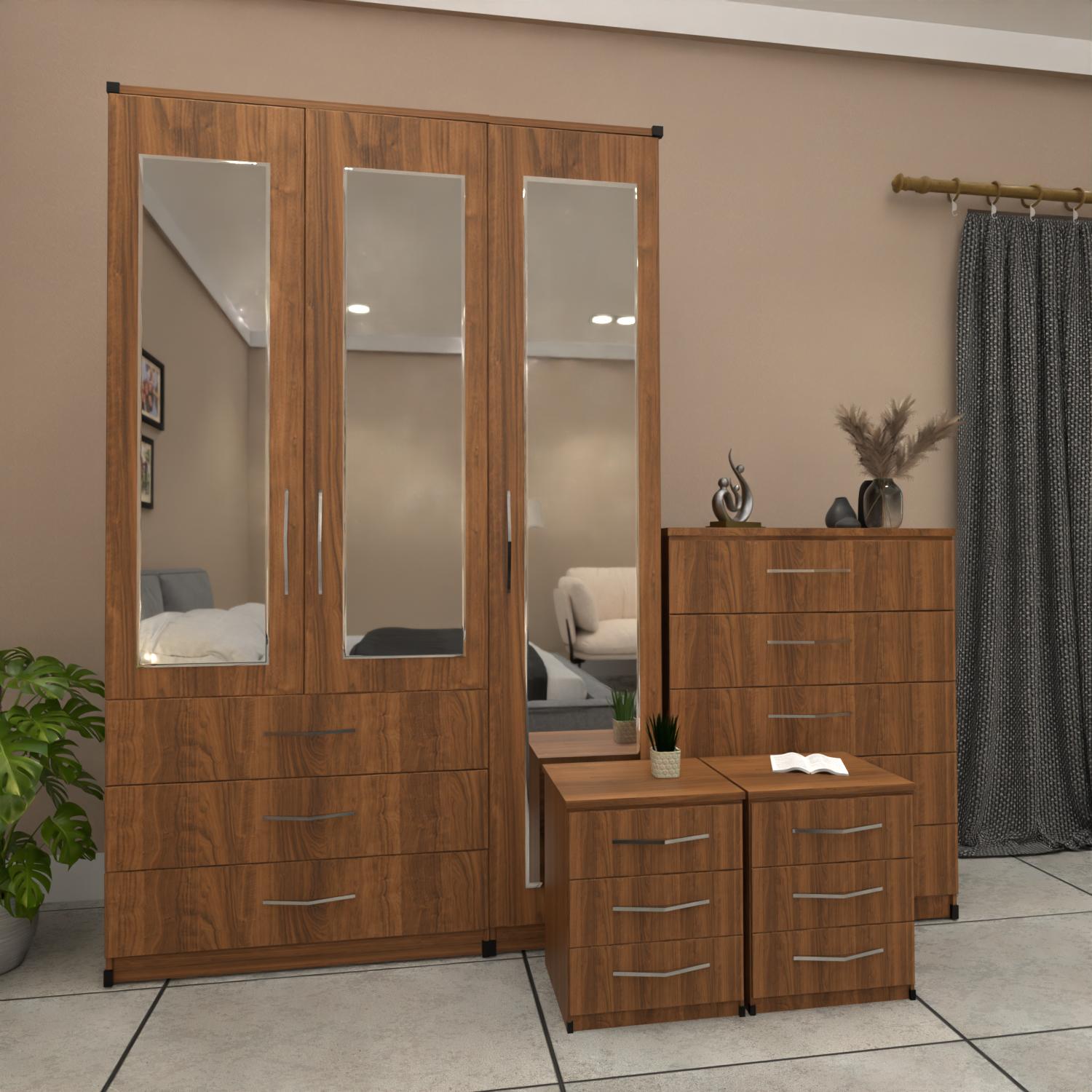Walnut 3 door mirrored wardrobe bedroom furniture set with bedside tables and chest of drawers
