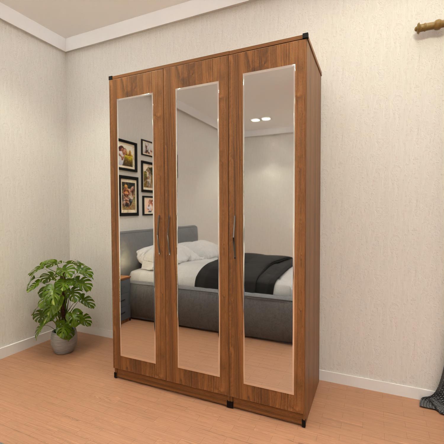 Walnut 3 door mirrored wardrobe with spacious hanging storage