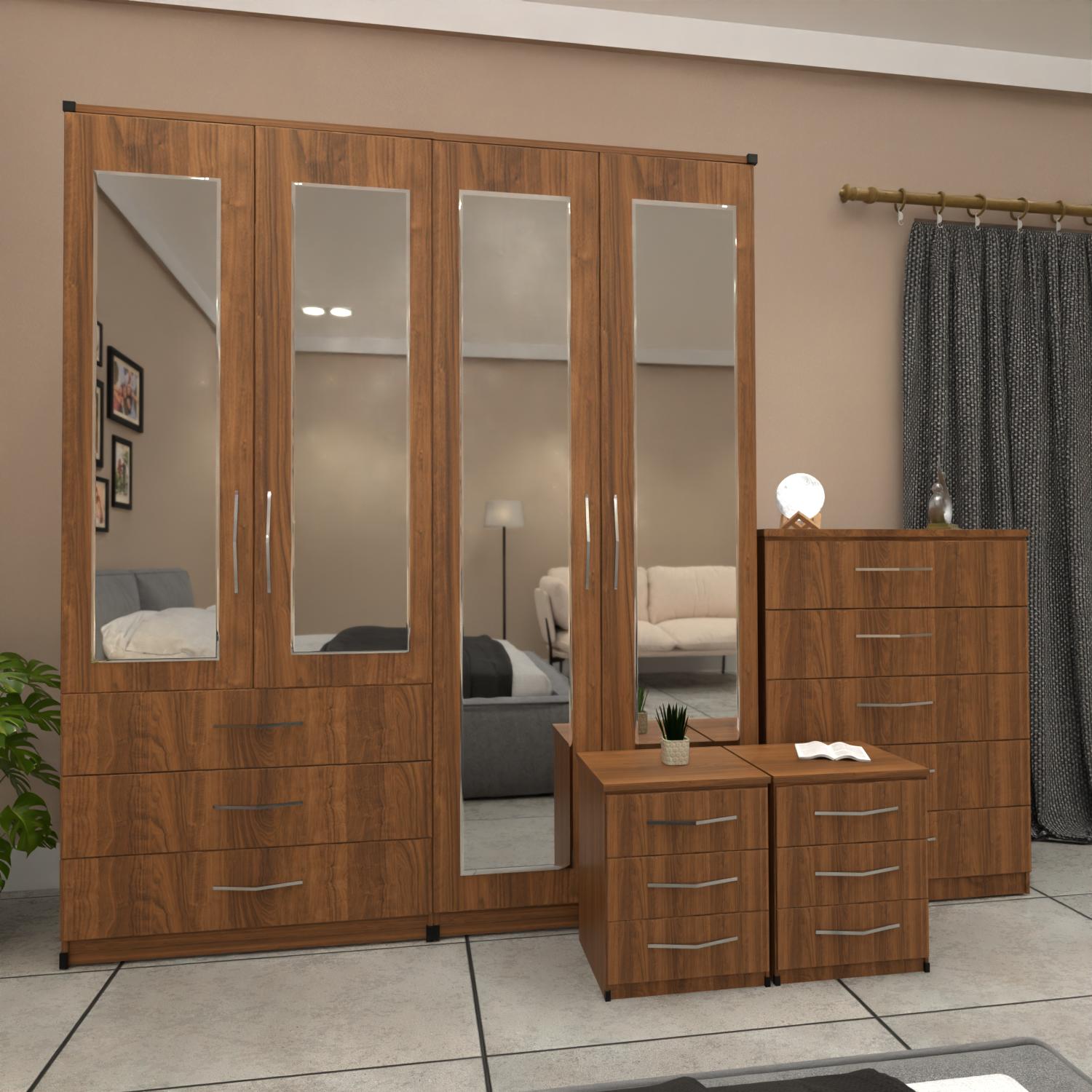 Walnut 4 door wardrobe bedroom furniture set with bedside cabinets and chest of drawers