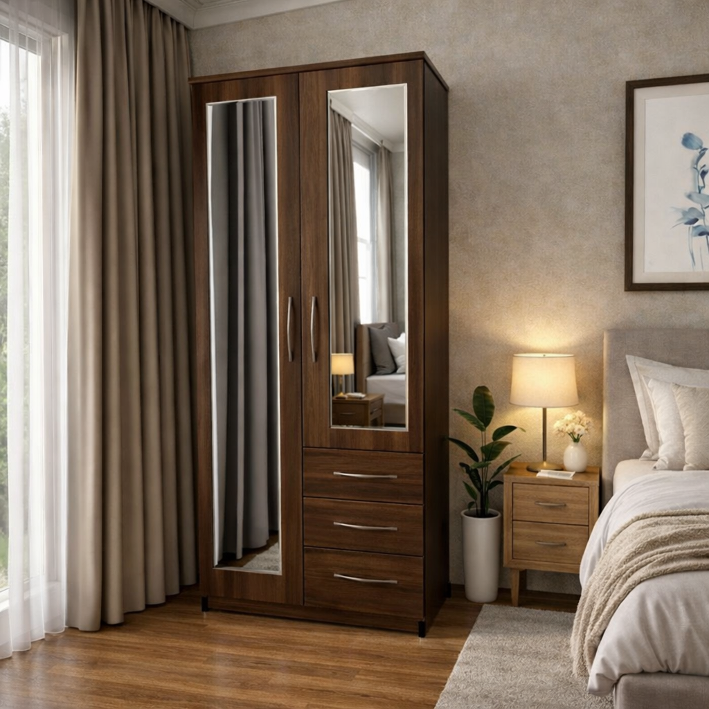 Walnut modern combi wardrobe with side drawers for bedroom storage