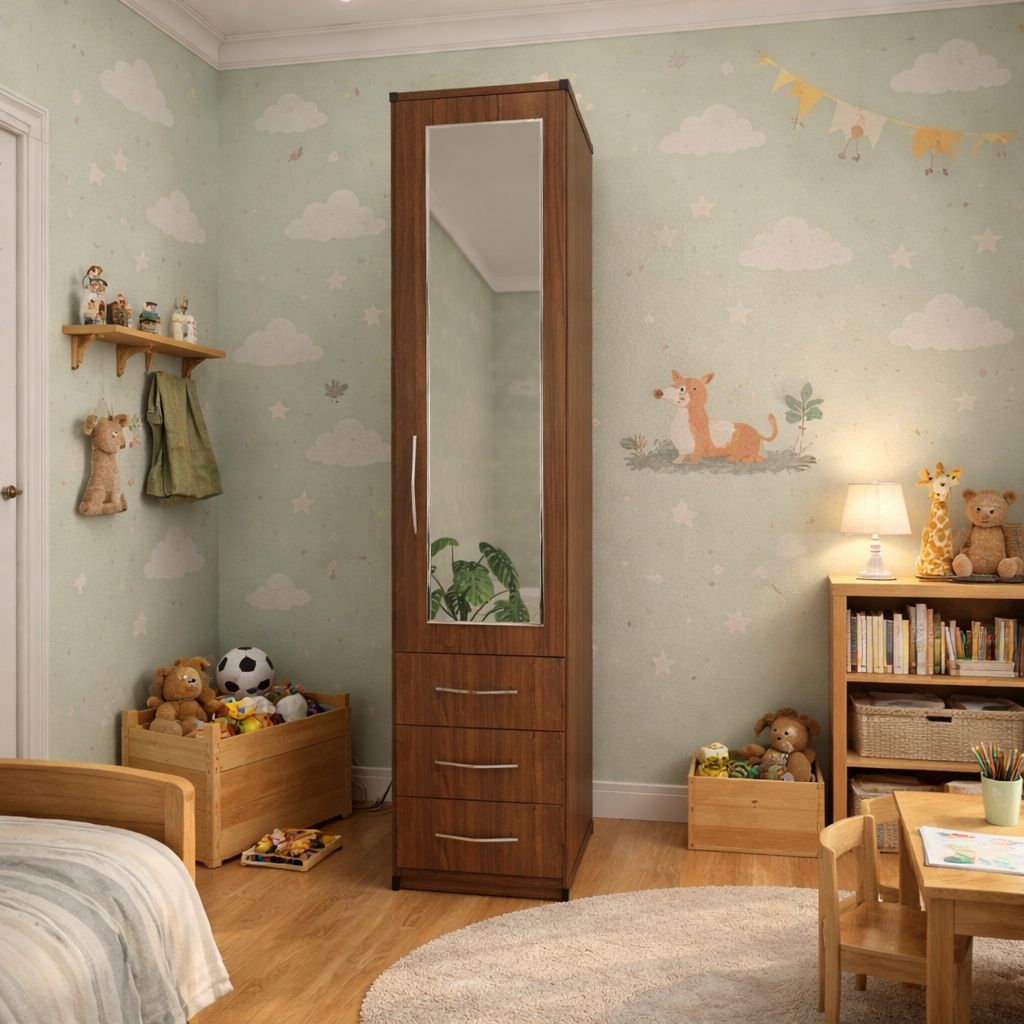 Walnut slim single door mirrored wardrobe with storage drawers