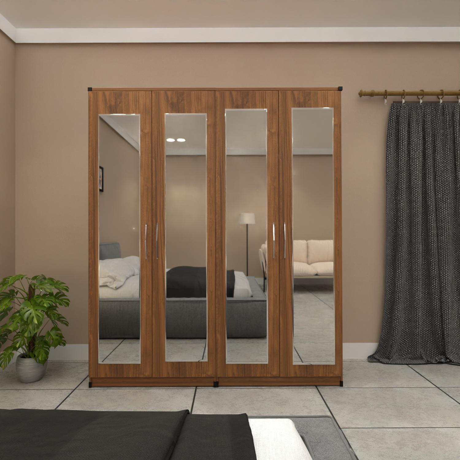 Walnut 4 door mirrored wardrobe with spacious bedroom storage