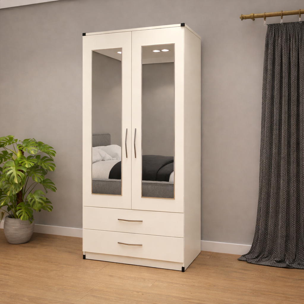 White 2 door mirrored wardrobe with 2 storage drawers for modern bedroom