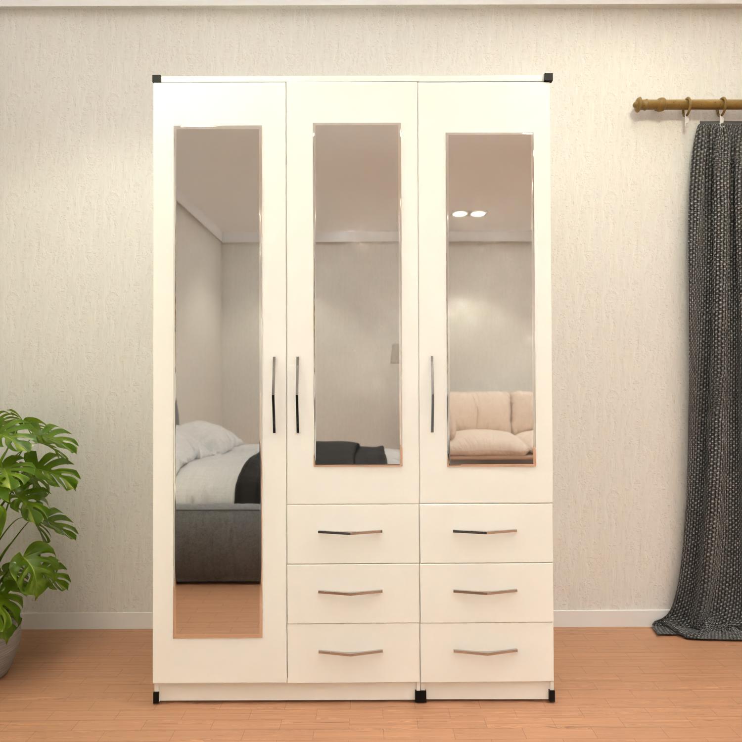 White 3 door mirrored combi wardrobe with drawer storage