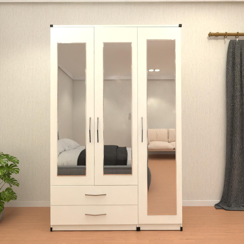White 3 door mirrored wardrobe with 2 storage drawers for bedroom