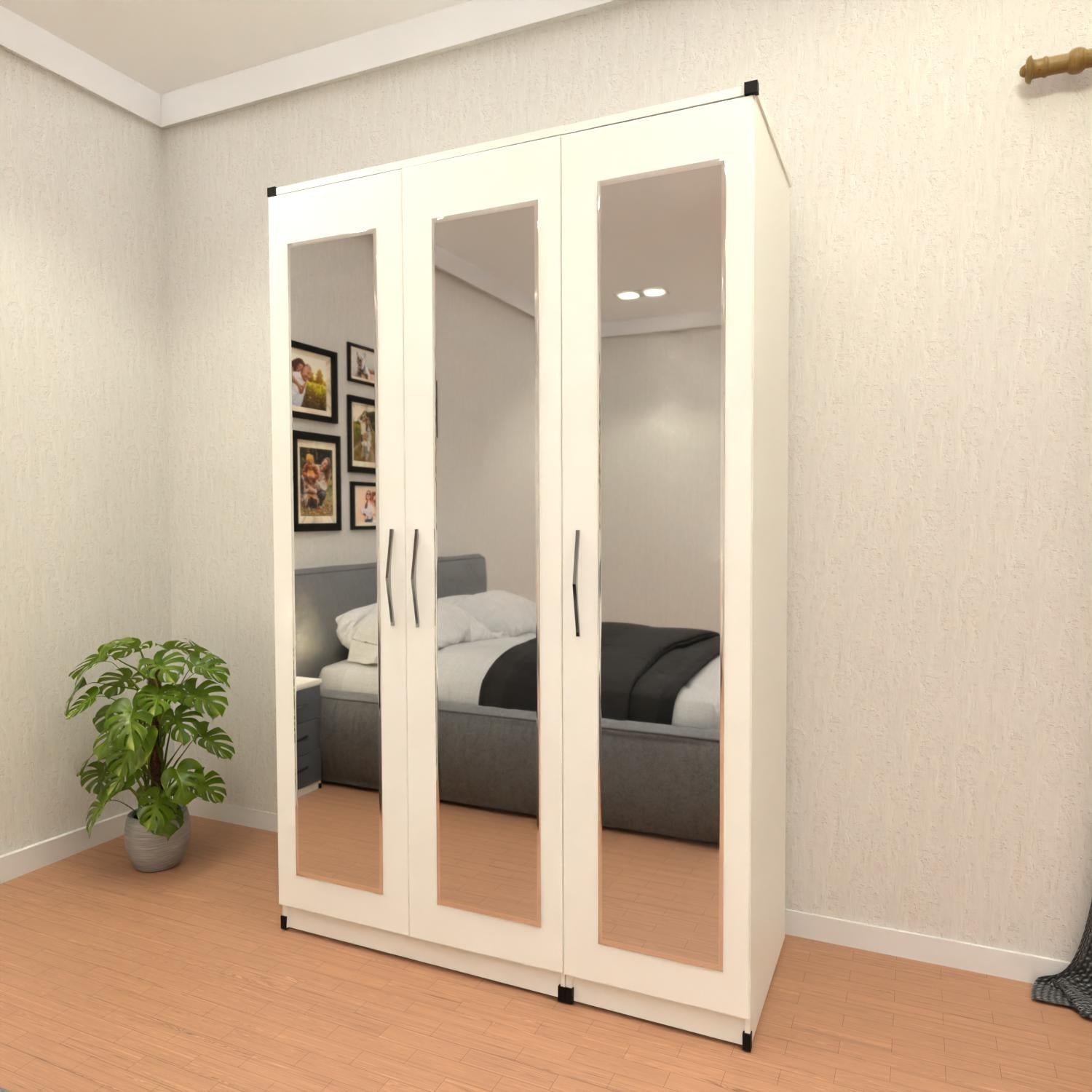 White 3 door mirrored wardrobe with spacious hanging storage