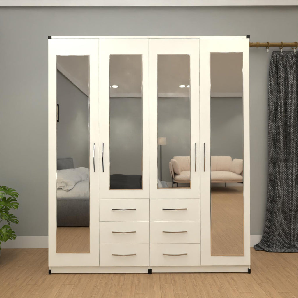 White 4 door mirrored combi wardrobe with 6 side drawers for bedroom