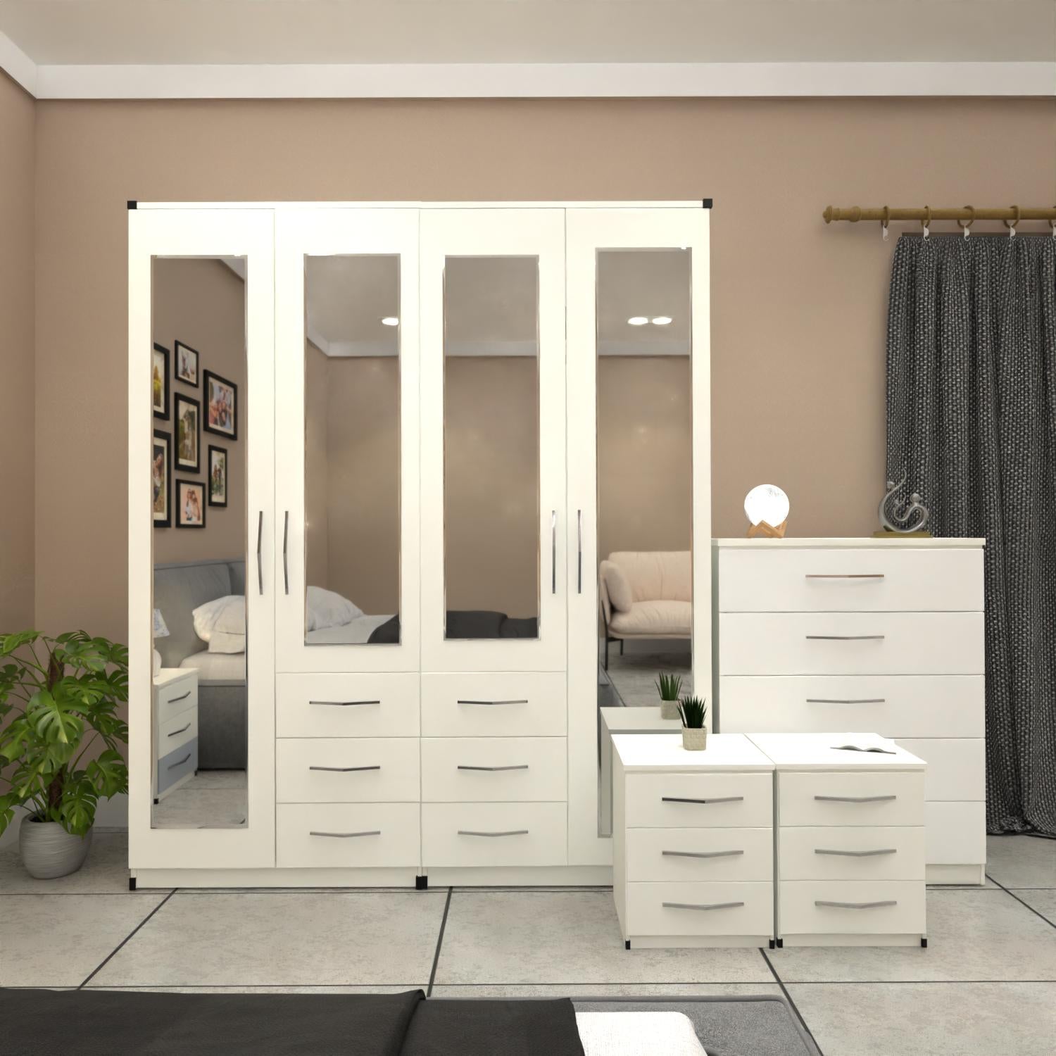 White 4 door mirrored combi wardrobe bedroom set with bedside tables and chest of drawers