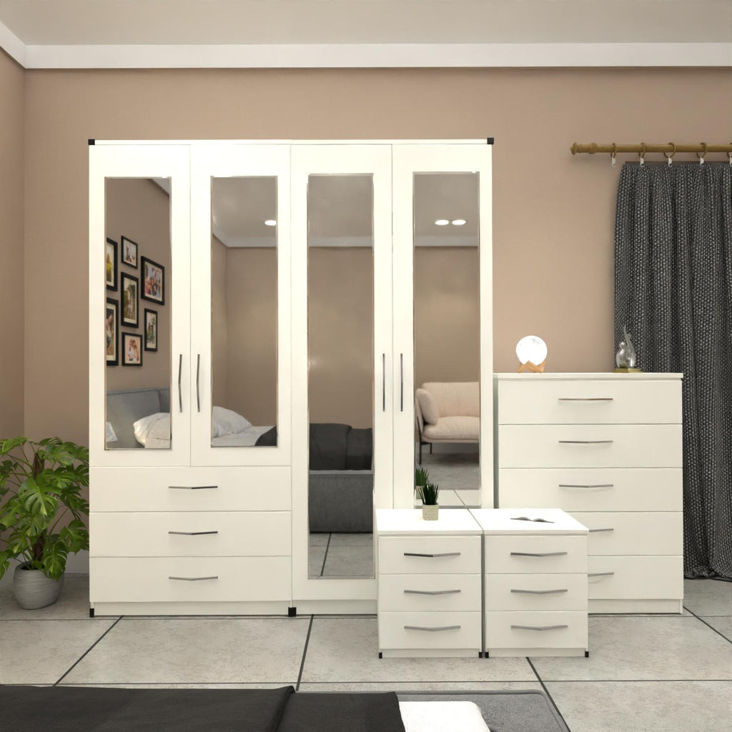 White 4 door mirrored wardrobe bedroom set with bedside tables and chest of drawers