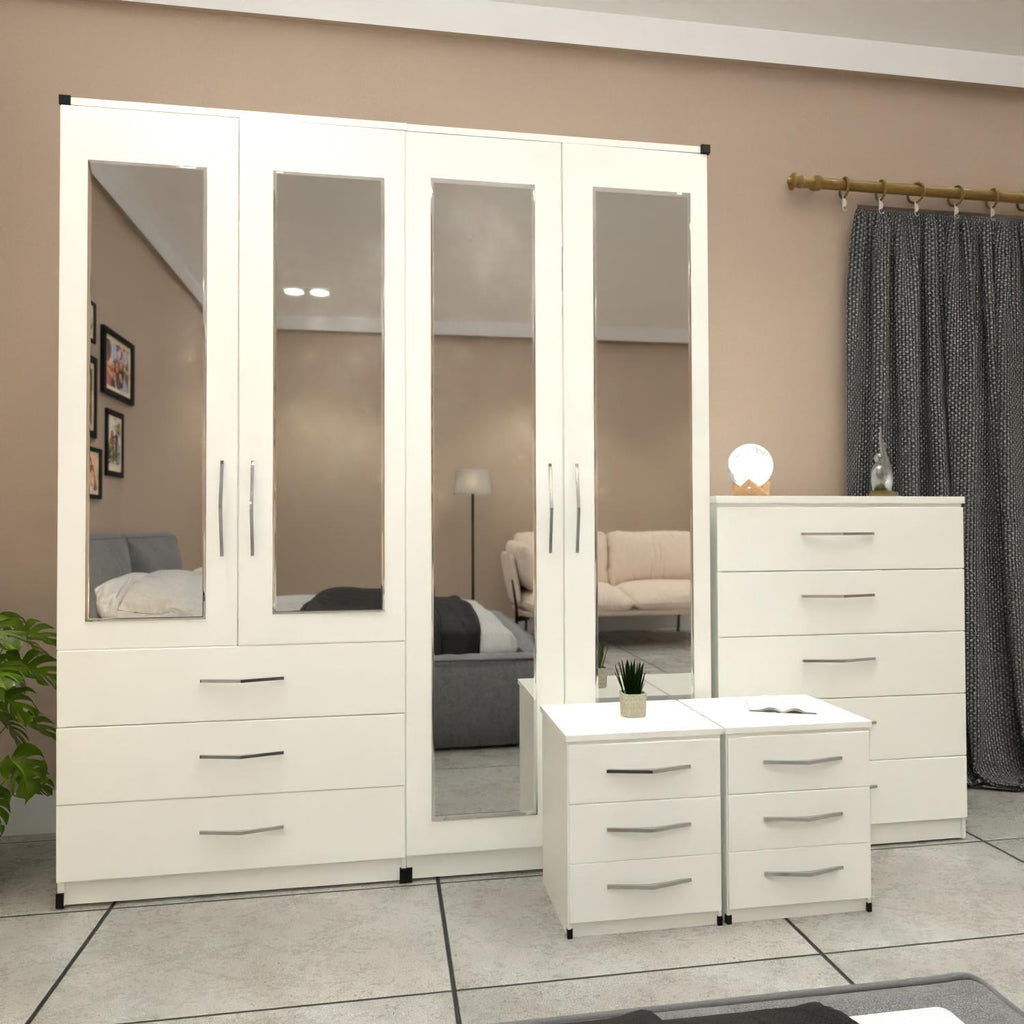 White 4 door wardrobe bedroom furniture set with bedside cabinets and chest of drawers