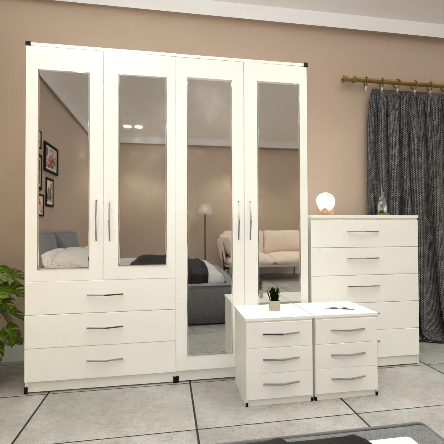 White 4 door wardrobe bedroom furniture set with bedside cabinets and chest of drawers