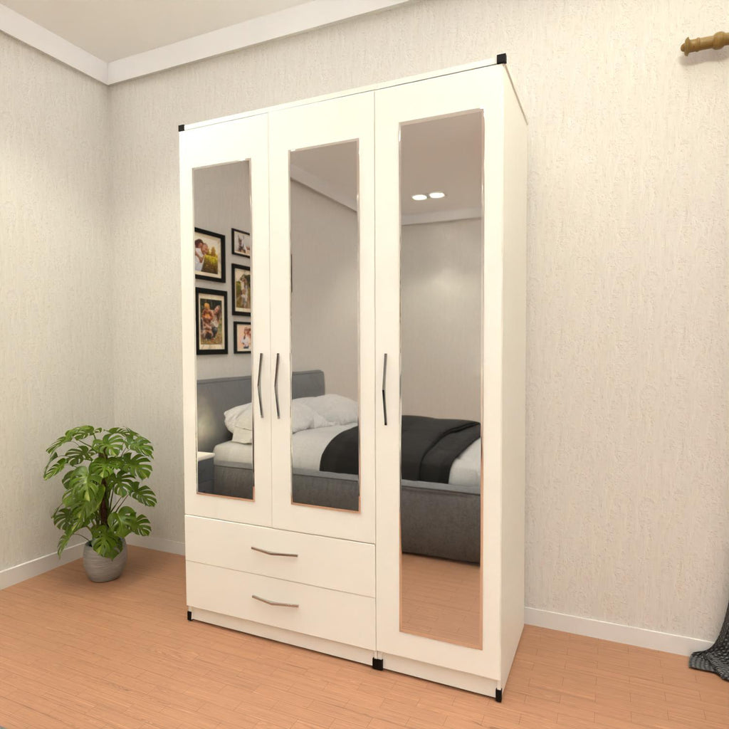 White 3 door mirrored wardrobe with 2 storage drawers for bedroom