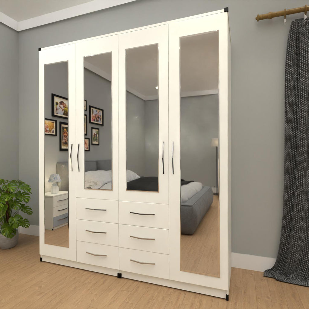 White 4 door mirrored combi wardrobe with 6 side drawers for bedroom