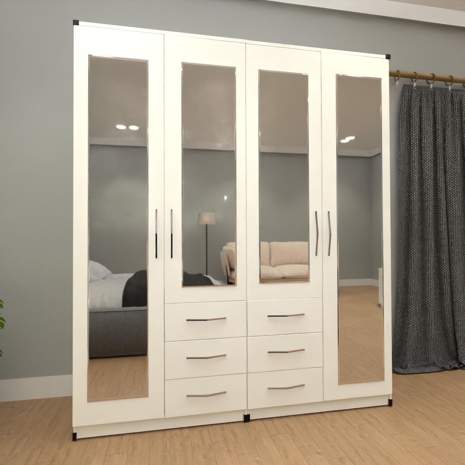 White 4 door mirrored combi wardrobe with 6 side drawers for bedroom