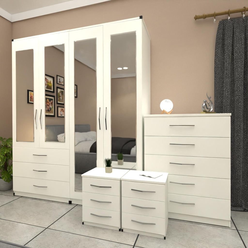 White 4 door mirrored wardrobe bedroom set with bedside tables and chest of drawers