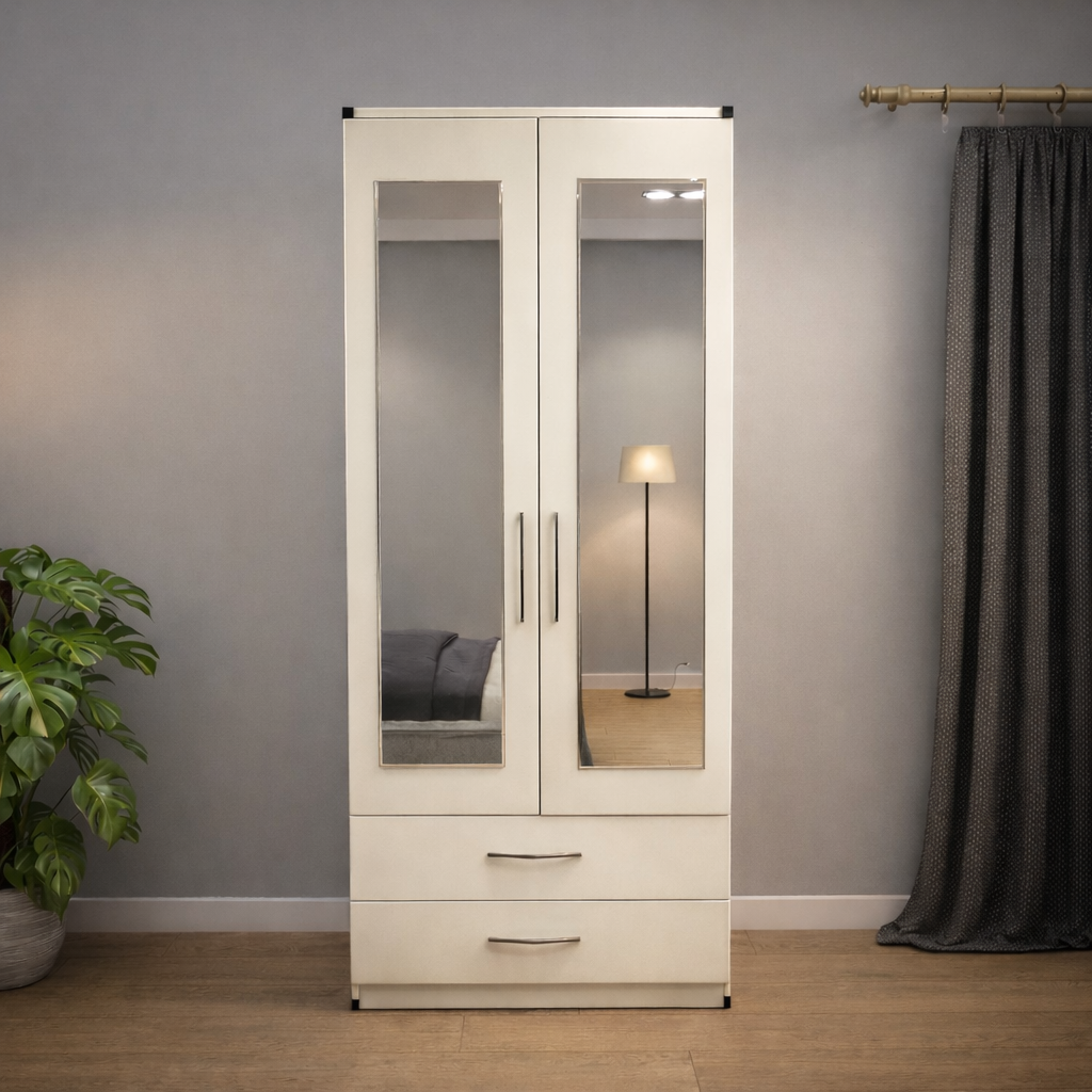 White finish 2 door mirrored wardrobe with drawer storage