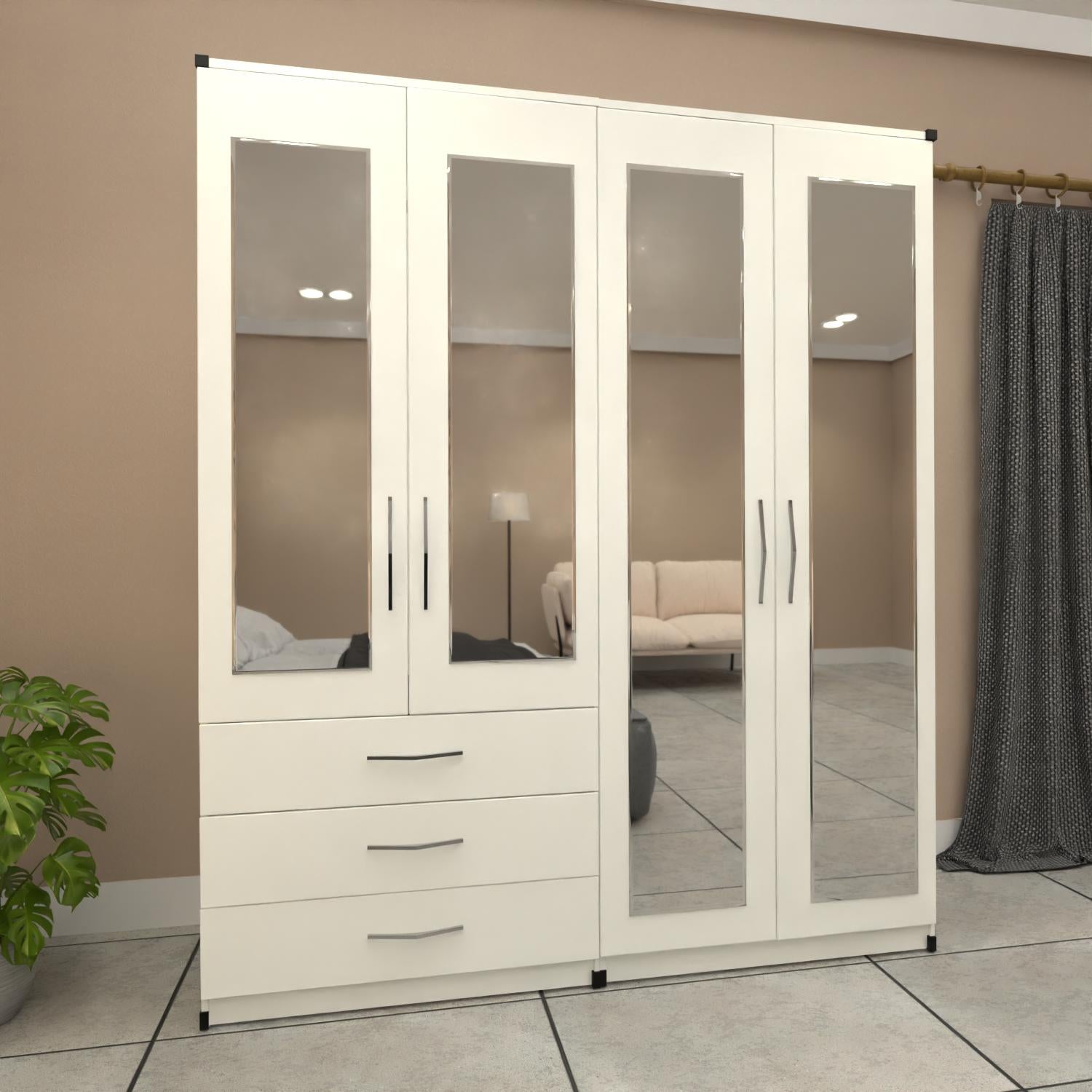 White 4 door mirrored wardrobe with 3 drawers for bedrooms
