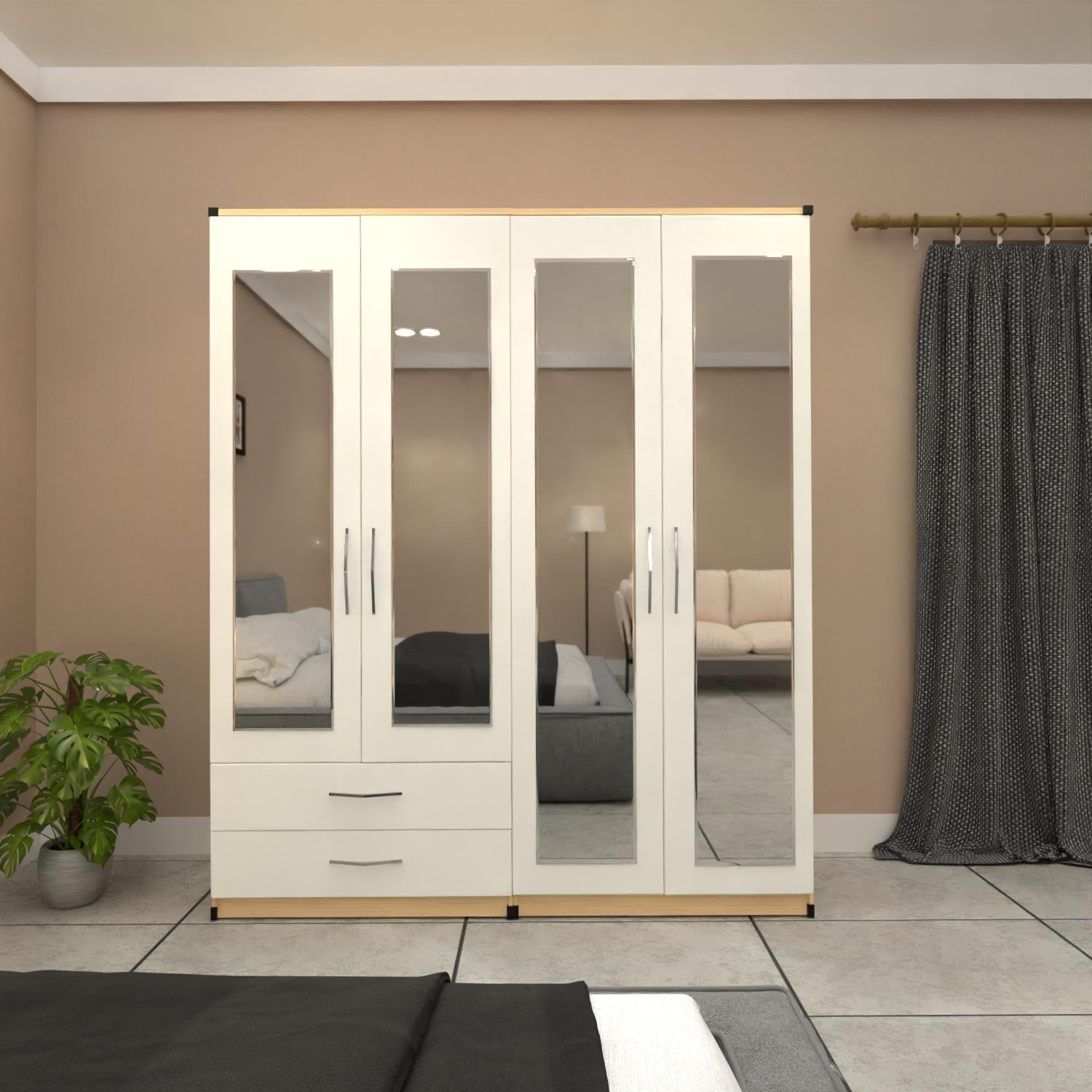 White & Oak  4 door mirrored wardrobe set with 2 drawers and bedroom furniture