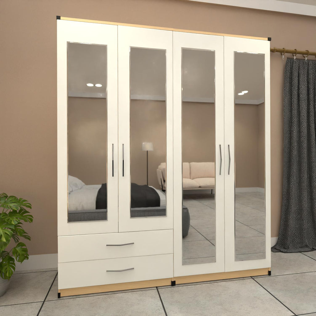 White & Oak 4 door mirrored wardrobe set with 2 drawers and bedroom furniture