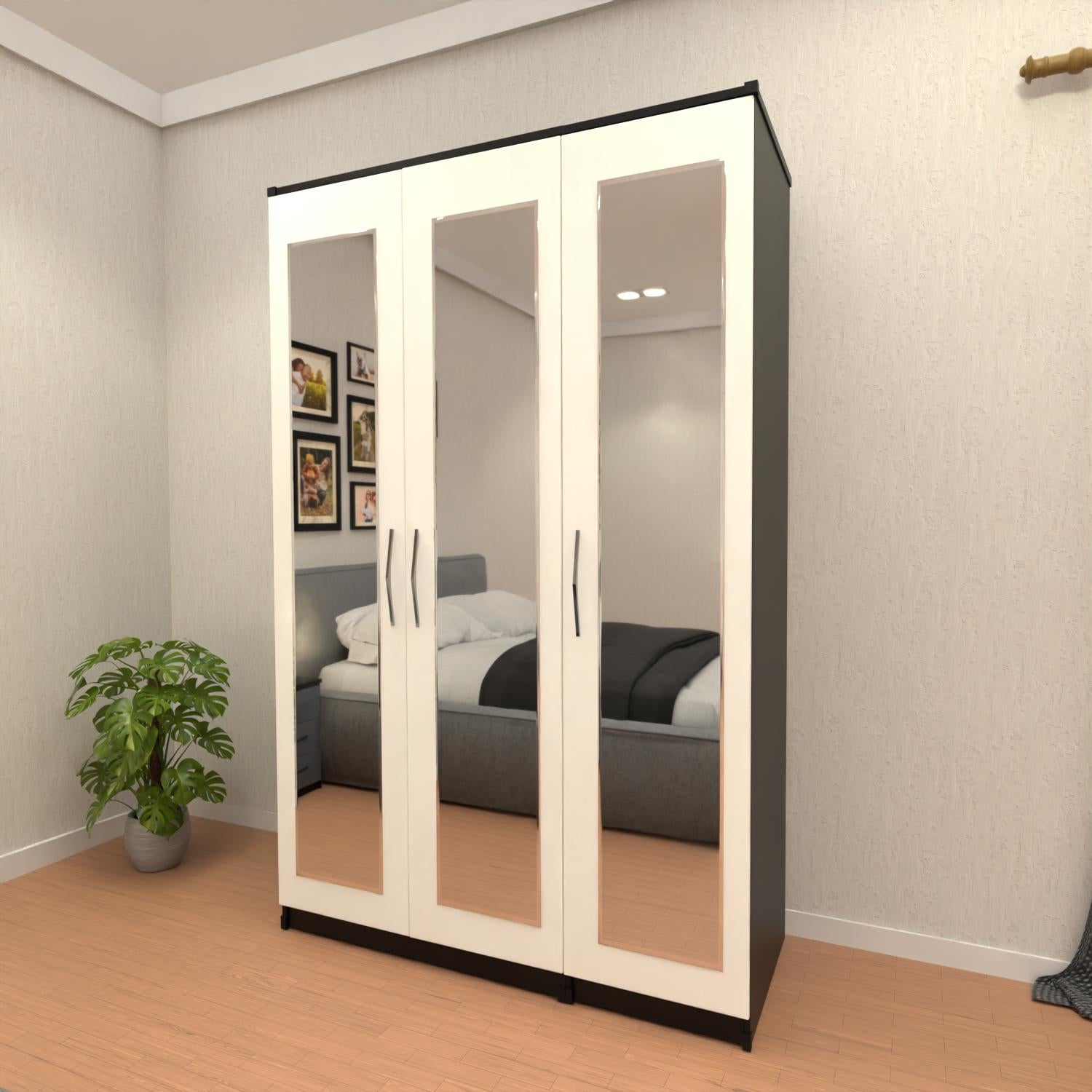 White & Oak 3 door mirrored wardrobe with spacious hanging storage