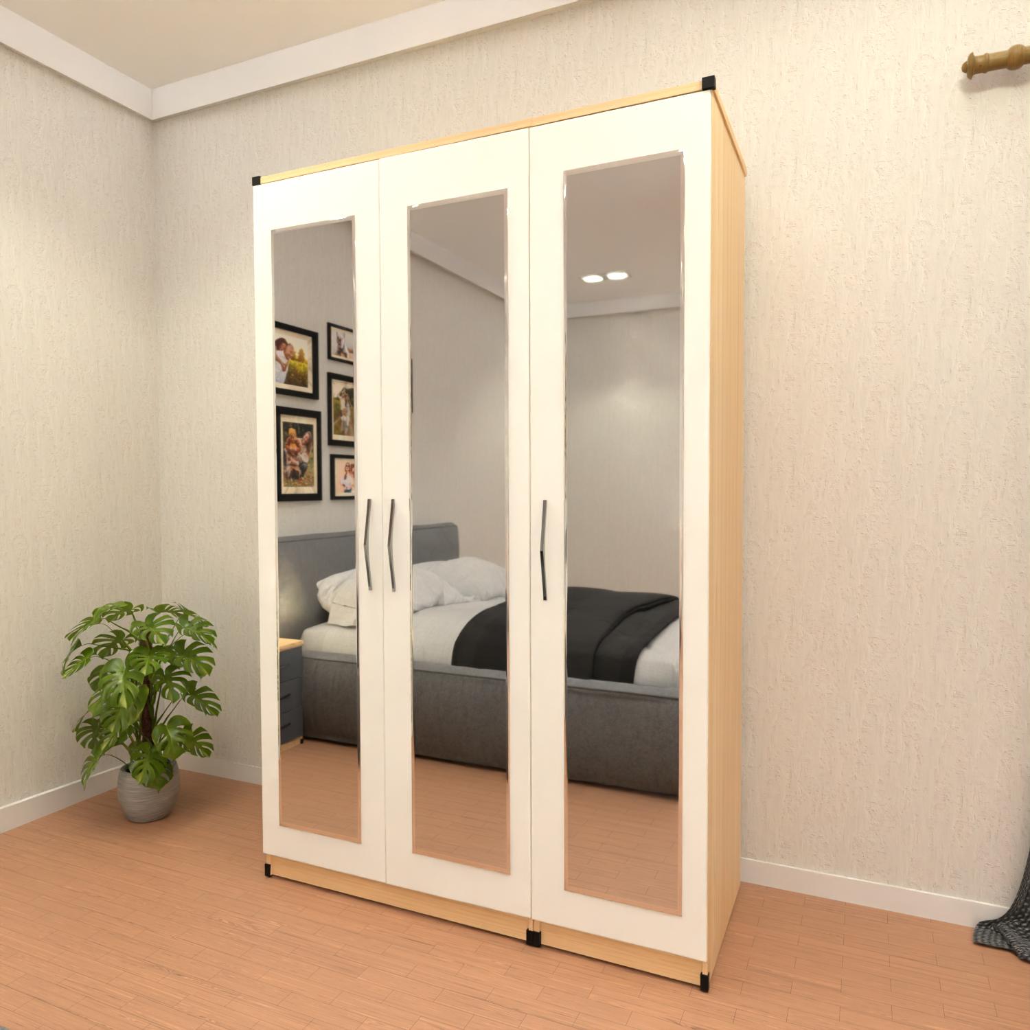 White Oak  3 door mirrored wardrobe with spacious hanging storage
