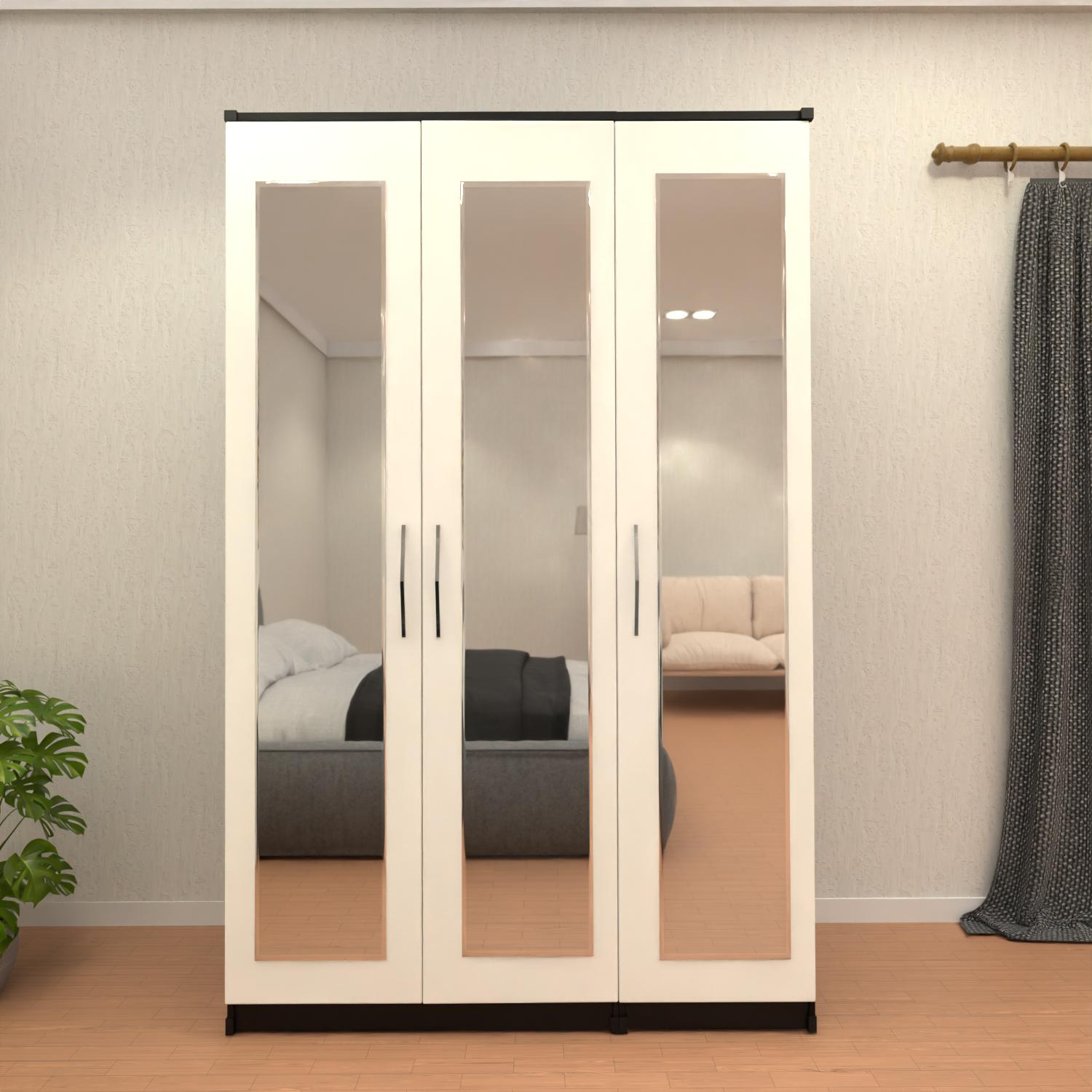 White & oak  3 door mirrored wardrobe with spacious hanging storage