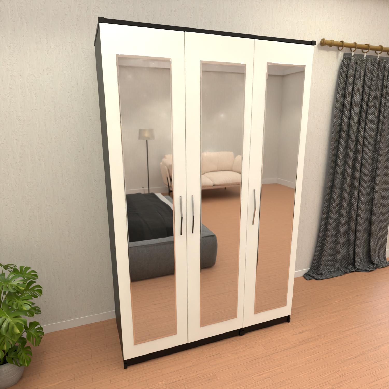 White & Oak 3 door mirrored wardrobe with spacious hanging storage